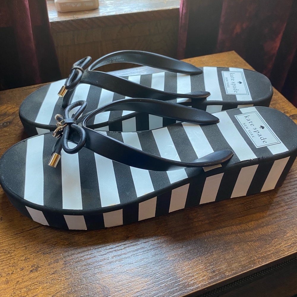 Kate Spade Black and White Striped Flip Flops